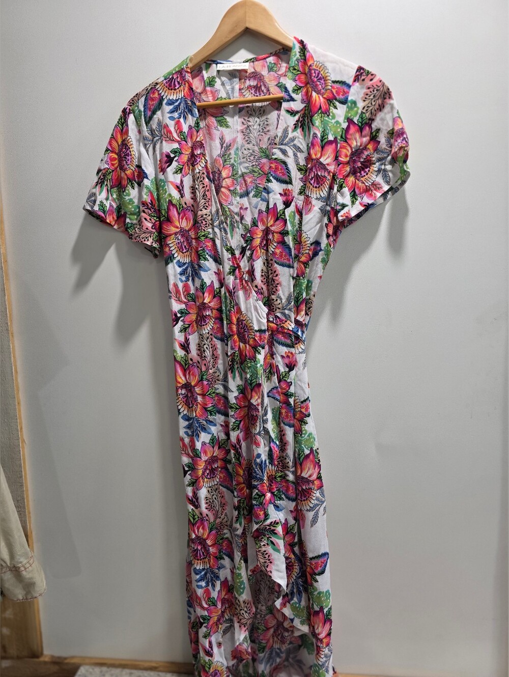 La Blanca White Floral V-Neck Dress with Pink & Green Blooms